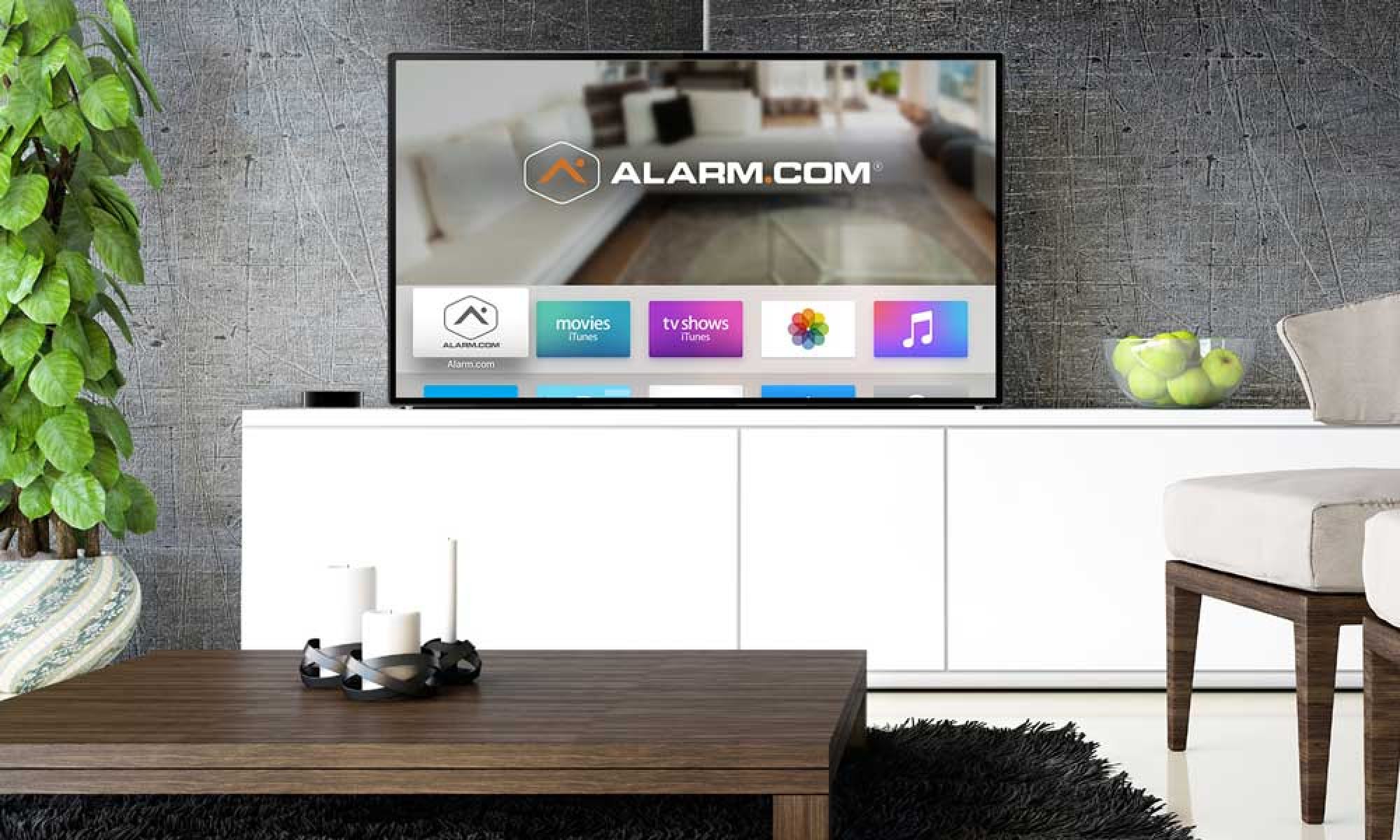 a tv with Alarm.com dashboard